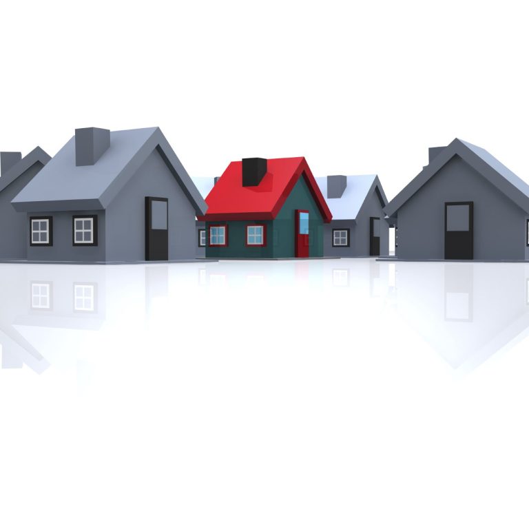 Maisons en 3D, avec une maison rouge au centre et des maisons grises autour.