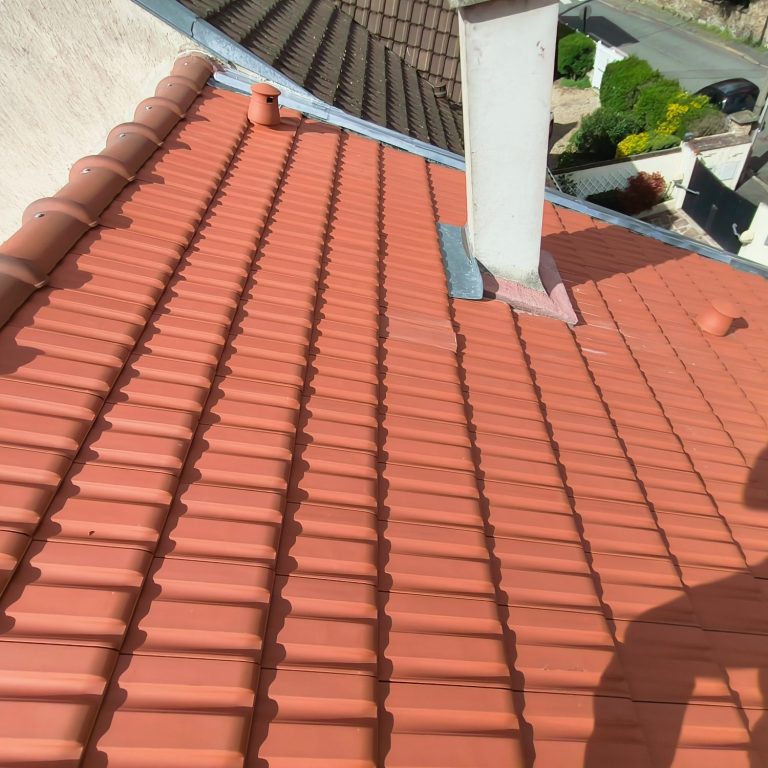 Toit en tuiles, alternance de tuiles rouges et grises, vue en plongée.