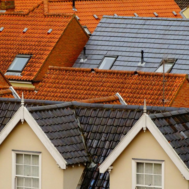 Toits de maisons avec tuiles orange et grises, fenêtres apparentes.