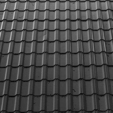 Toit en tuiles, disposition régulière, couleur sombre, texture légèrement brillante.